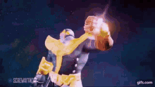 a cartoon character is holding a sword and a shield in his hands .