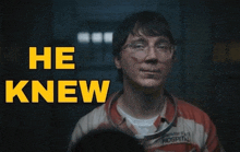 a man in a striped shirt with the words he knew on the bottom
