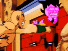 a cartoon character with a pink face is sitting on a red dresser