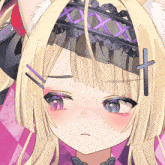 a close up of a blonde anime girl with a cross on her head