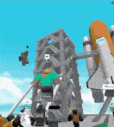 a screenshot of a video game shows a rocket being launched from a tower with a hole in the middle