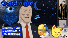 a man in a suit and tie says good night in front of a moon and stars