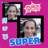 a woman 's face is on a pink background with the words super