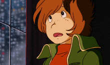 a cartoon character with a green jacket and a red shirt