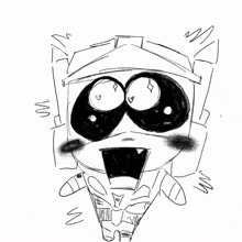 a black and white drawing of a cartoon character with a surprised expression