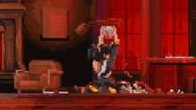 a pixel art of a person holding a sword in a room