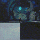 a pixelated image of a person with blue eyes