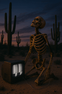 a skeleton is kneeling in front of a tv in the desert
