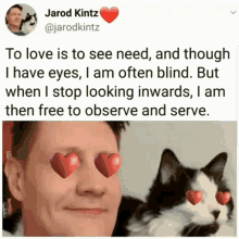 a tweet from jarod kintz shows a cat with hearts in its eyes