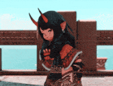 a girl with horns is wearing a scarf