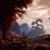 a painting of a landscape with a dragon flying in the sky