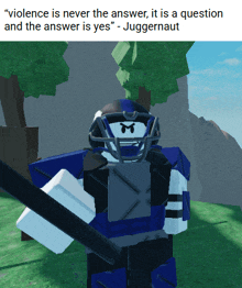 a screenshot of a video game character with the caption " violence is never the answer "