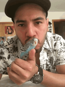 a man wearing a watch holds a blue parakeet on his finger