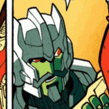 a cartoon drawing of a transformer with a green face