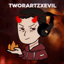a cartoon of a man with red horns and the words tworartzxevil behind him