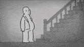 a cartoon of a cat standing next to a set of stairs