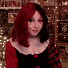 a woman in a harley quinn costume stands in front of a shelf with a book titled i love you