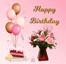 a birthday card with a cake , balloons , and flowers in a vase on a pink background .