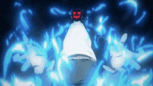 a man with a smiley face on his head is surrounded by blue flame