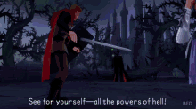 a pixelated image of a man holding a sword with the caption see for yourself all the powers of hell
