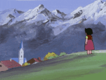 a girl in a pink dress stands in front of a snowy mountain range
