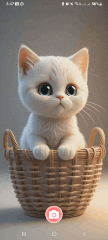 a white cat is sitting in a wicker basket
