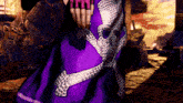 a video game character with a purple cape and a snakeskin belt