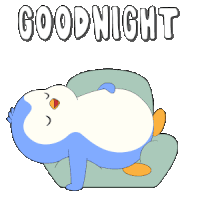 a cartoon penguin is sleeping on a pillow with the words goodnight written above it
