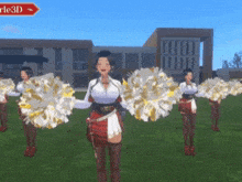 a group of cheerleaders are holding pom poms in front of a building that says castle3d