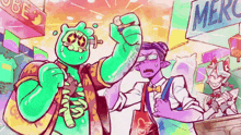 a cartoon drawing of a green monster and a purple man