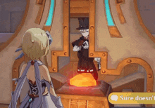 a girl is standing next to a man in a top hat in a video game while talking to him .