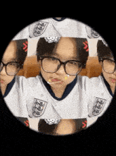 a girl wearing glasses and a white shirt is taking a selfie with a toothbrush in her mouth .