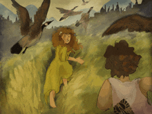 a painting of a girl in a yellow dress running in a field