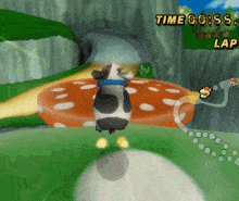 a video game shows a cow jumping over a mushroom and the time is 00 : 55 ..