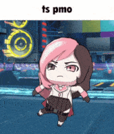a picture of a girl with pink hair and the words ts pmo