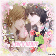 a picture of two anime characters with the words i am u heavy written on it