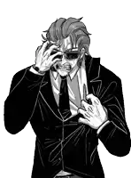 a black and white drawing of a man wearing a suit and tie