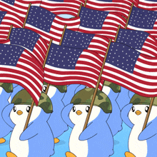 a bunch of penguins holding american flags and wearing military hats