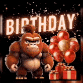 a gorilla is holding balloons and gifts in front of the word birthday