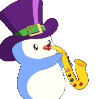 a penguin wearing a purple top hat is playing a saxophone