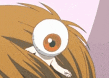 a cartoon character with a big eye is looking out of a hole