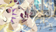 a man and a woman are fighting with lightning coming out of the ground