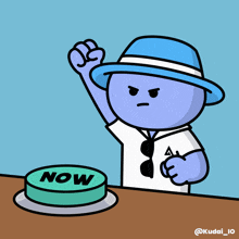 a cartoon of a man pushing a button that says now