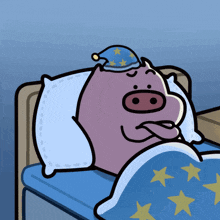 a pig wearing a sleep cap is laying in a bed