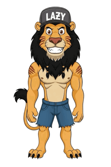 a cartoon lion with a hat that says lazy on it