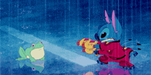 a frog is standing next to a cartoon character in the rain