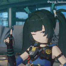 a girl with green hair and pigtails is giving a peace sign .