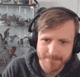 a man with a beard wearing headphones in front of a display case with dragons on it