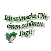 a cartoon bird wearing a green hat with the words ich wünsche dir einen schönen tag