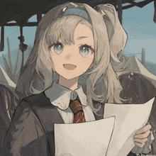 a drawing of a girl holding a piece of paper with the word blue on it